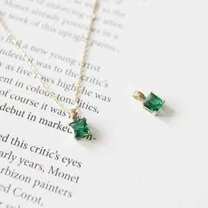 14k Gold Sparkle Malachite Necklace, Princess Cut Emerald Necklace, Gift For Her